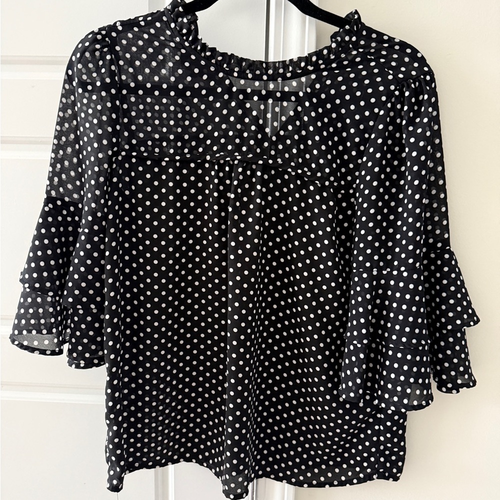 Monteau LA Black White Polka Dot Ruffle Bell Sleeve Blouse Size S